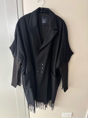Yohji Yamamoto Limi Feu Black Fringe Double-Breasted Wool Coat